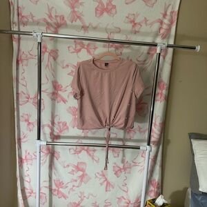 NBW Pink Tie-Front T-Shirt with  Faux Pearl Accents